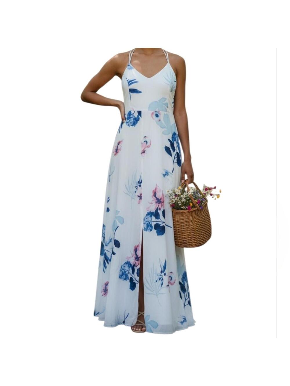 White Floral Maxi Dress Spaghetti Strap Halter Neck Criss Cross Back Slit - Picture 3 of 8
